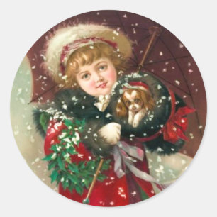 Sticker Rond Fille d'hiver de Maud Humphrey avec le chien