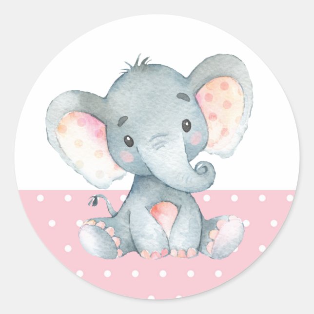 Sticker Rond Fille Eléphant Baby shower rose (Devant)