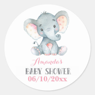 Sticker Rond Fille Eléphant Baby shower rose et gris