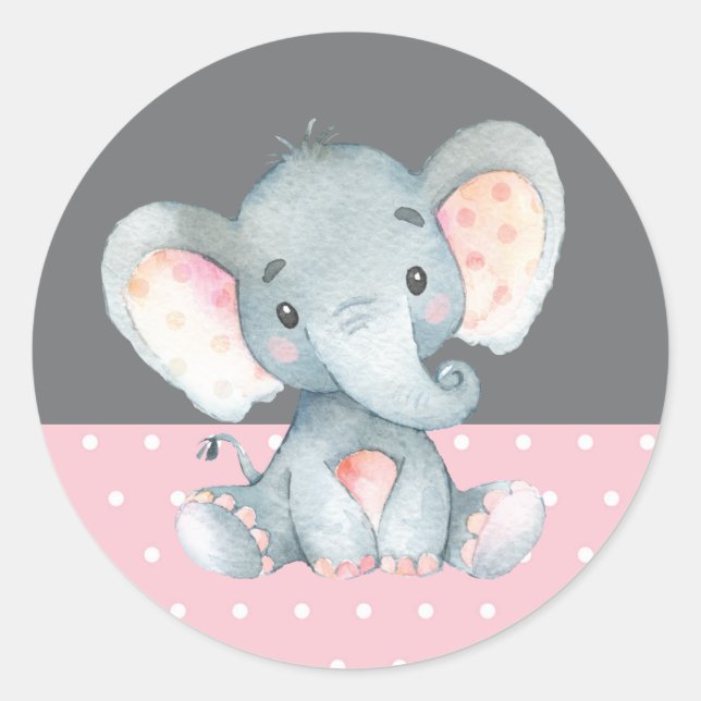 Sticker Rond Fille Eléphant Baby shower rose et gris (Devant)