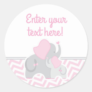 Sticker Rond Fille Eléphant Baby shower rose Grey Chevron