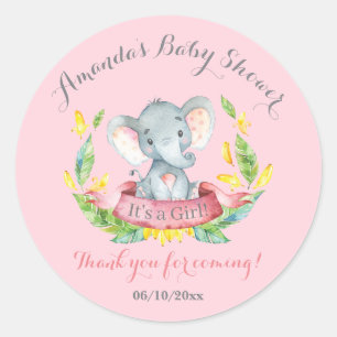 Sticker Rond Fille Eléphant Baby shower rose Merci Favor