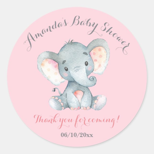 Sticker Rond Fille Eléphant Baby shower rose Merci Favor (Devant)