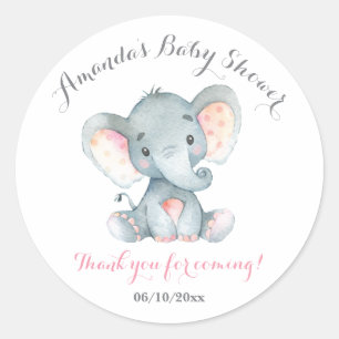 Sticker Rond Fille Eléphant Baby shower rose Merci Favor
