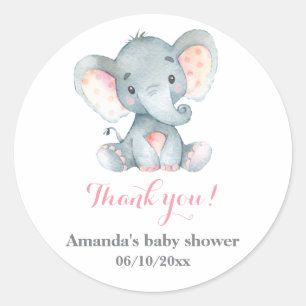 Sticker Rond Fille Eléphant Baby shower rose Merci Favor