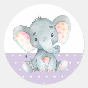 Sticker Rond Fille Éléphant Baby Shower Violet