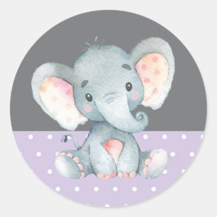Sticker Rond Fille Éléphant Baby Shower Violet et Gris