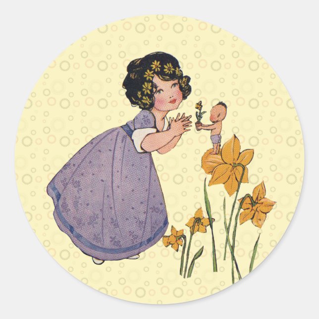 Sticker Rond Fille Elf Fairy Daffodil Antique Pâques (Devant)