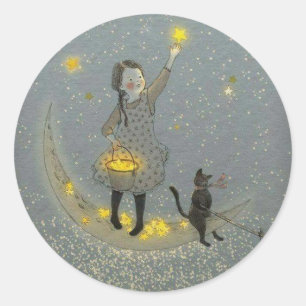Sticker Rond Fille et chat sur la lune et les étoiles