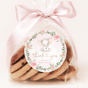 Sticker Rond Fille eucalyptus éléphant rose baby shower