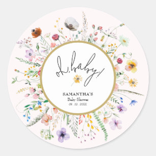 Sticker Rond Fille Fleurs Sauvages Baby Shower Rose