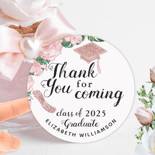 Sticker Rond Fille Floral Blanc et rose Merci de graduation