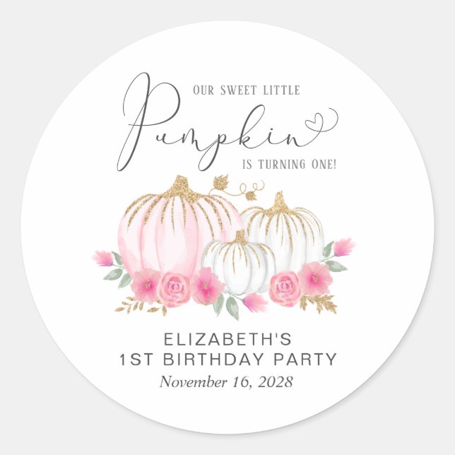Sticker Rond Fille Florale rose citrouille 1ère fête d'annivers (Devant)