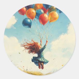 Sticker Rond Fille flottante avec ballons