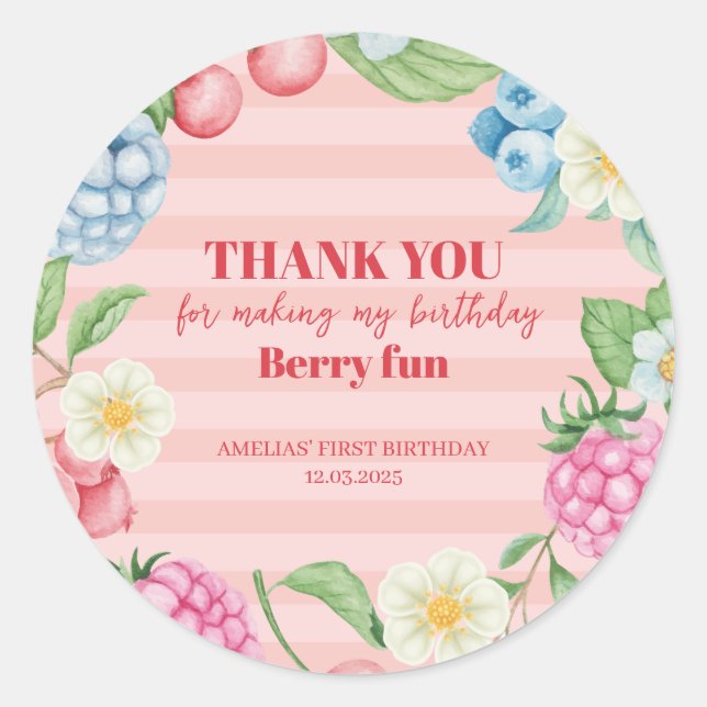 Sticker Rond Fille fraise 1er anniversaire Berry Sweet Pink (Devant)