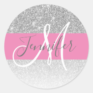 Sticker Rond Fille Glam Parties scintillant argent rose Nom du 
