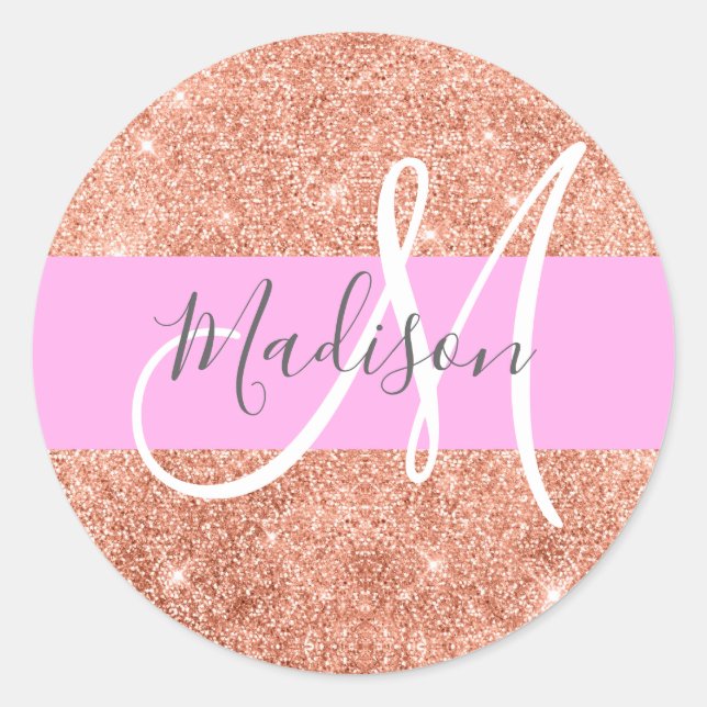 Sticker Rond Fille Glam rose Pêche or Parties scintillant Nom d (Devant)