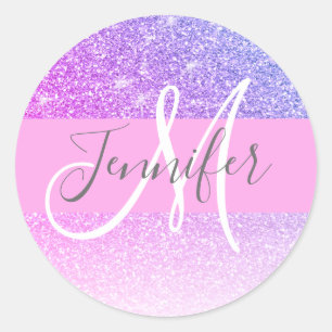 Sticker Rond Fille Glam rose violet Parties scintillant Nom du 