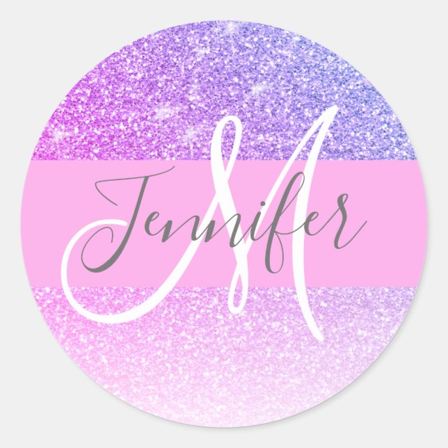 Sticker Rond Fille Glam rose violet Parties scintillant Nom du  (Devant)