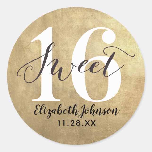 Sticker Rond Fille Gold Foil Sweet 16 Anniversaire (Devant)