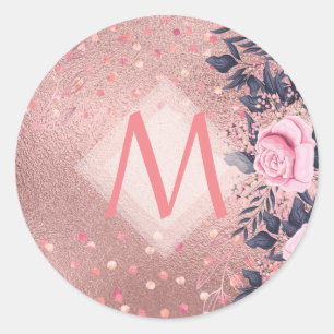 Sticker Rond Fille jamais ROSEGOLD Bleu rose Floral MONOGRAS