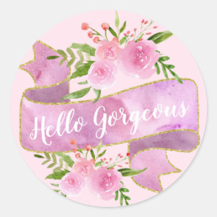 Sticker Rond Fille Jolie florale rose bonjour magnifique or