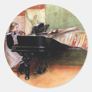 Sticker Rond Fille Jouant Piano