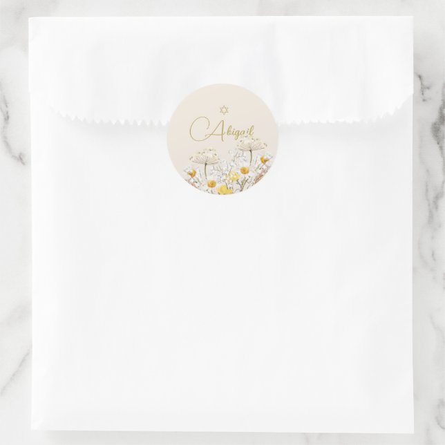 Sticker Rond Fille juive Baby Naming Aquarelle Fleurs de champ (Sac)