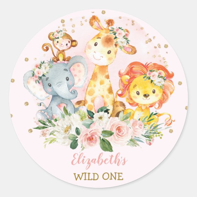Sticker Rond Fille Jungle Safari Animaux Wild Un Baby shower (Devant)
