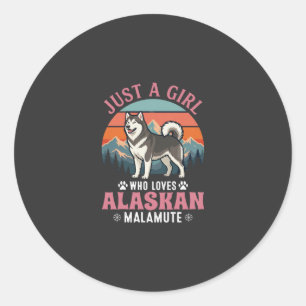 Sticker Rond Fille Juste Malamute d'Alaska Chien Rétro Montagne