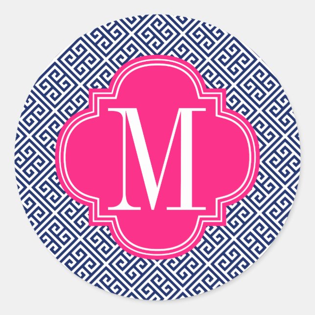Sticker Rond Fille Marine & Motif de clé grecque rose Personnal (Devant)