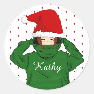 Sticker Rond Fille mignonne avec Sweat - shirt à capuche vert N