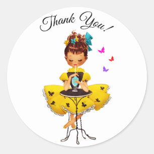 Sticker Rond Fille Mignonne En Merci Robe Jaune