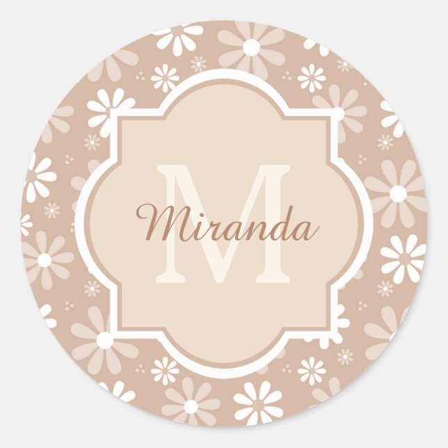 Sticker Rond Fille Monogramme mignon Tan Daisy Fleurs et nom (Devant)