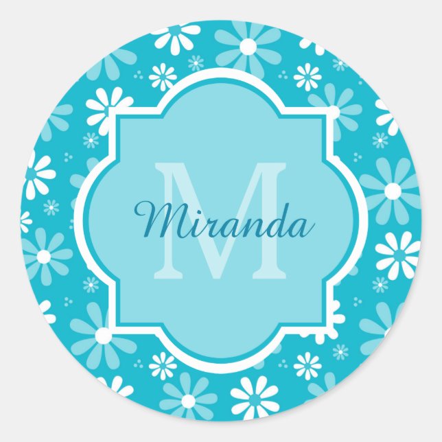 Sticker Rond Fille Monogramme Turquoise Daisy Fleurs Avec Nom (Devant)