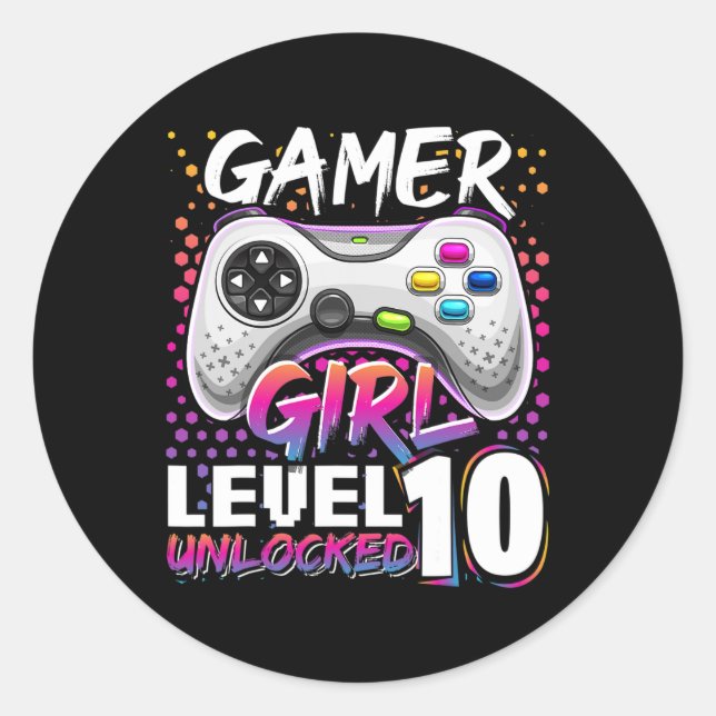 Sticker Rond Fille Niveau 10 Déverrouillé Jeu Vidéo Anniversair (Devant)