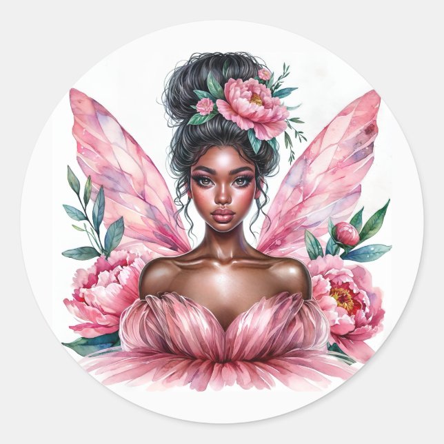 Sticker Rond Fille noire Fairy Pink Peonies Aquarelle (Devant)