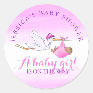Sticker Rond Fille nouveau-née cigogne aquarelle rose personnal
