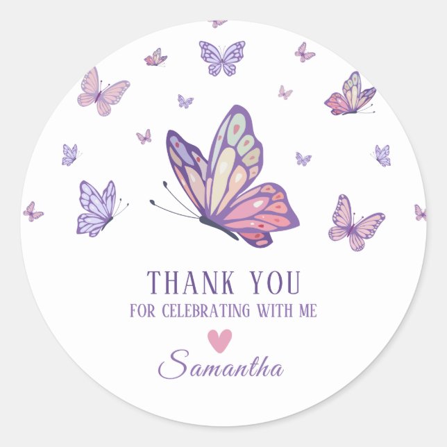 Sticker Rond Fille papillon violet anniversaire (Devant)