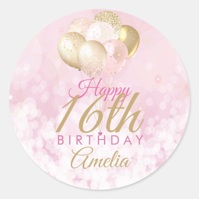 Sticker Rond Fille Parties scintillant rose Ballons 16e anniver (Devant)