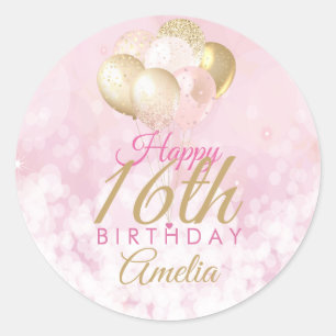 Sticker Rond Fille Parties scintillant rose Ballons 16e anniver
