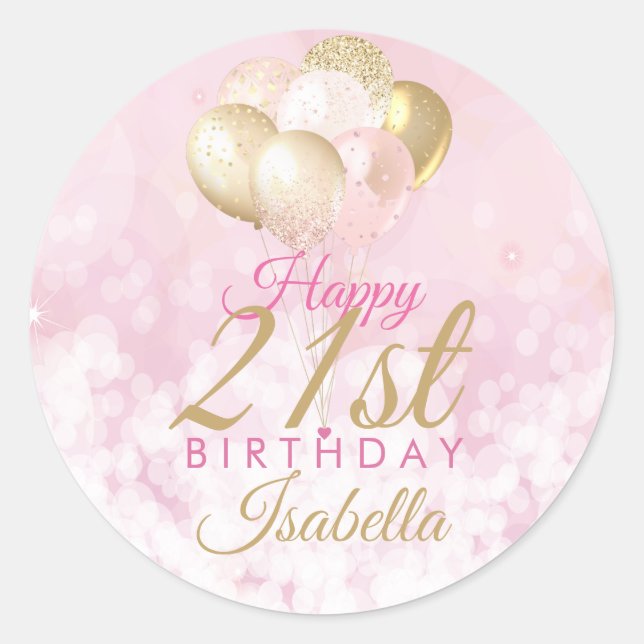 Sticker Rond Fille Parties scintillant rose Ballons 21e anniver (Devant)