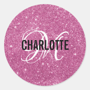 Sticker Rond Fille Parties scintillant rose chaud Nom du monogr