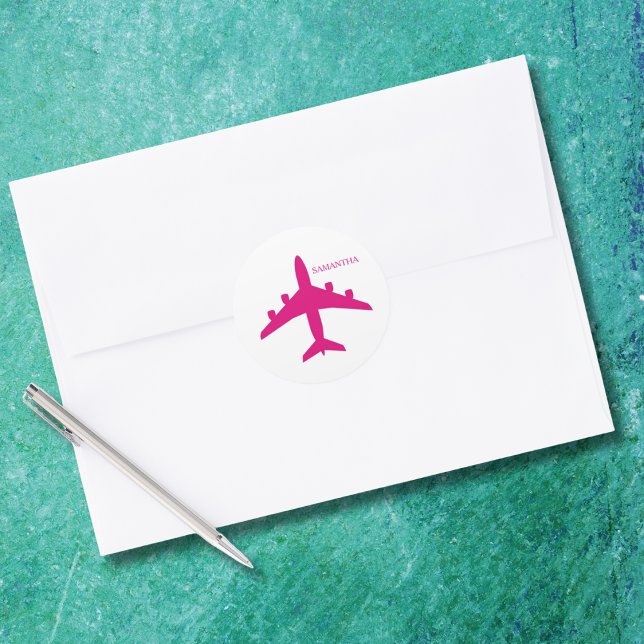 Sticker Rond Fille Pilote d'Avion Rose Mignonne Personnalisé (Créateur téléchargé)