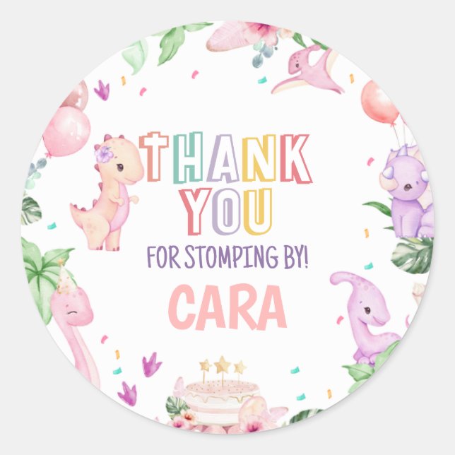 Sticker Rond Fille Pink Safari Dinosaur fête d'anniversaire (Devant)