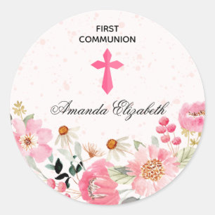 Sticker Rond Fille première communion aquarelle rose floral
