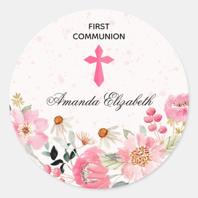 Sticker Rond Fille première communion aquarelle rose floral (Devant)