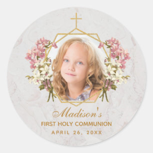 Sticker Rond Fille première communion photo Floral rose orchidé