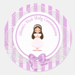 Sticker Rond Fille première sainte communion dentelle violette