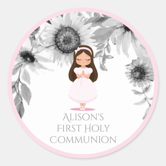 Sticker Rond Fille première sainte communion Fleurs roses (Devant)